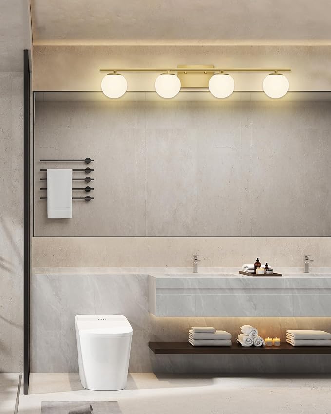 New Bathroom Vanity Light Fixtures Brushed Brass Milk White Globe Glass Shade 4 Lights Modern Wall Bar Sconce Over Mirror