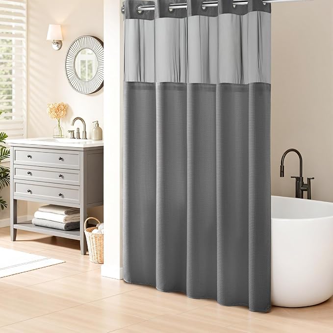 River Dream Heavyweight Waffle No Hook Shower Curtain with Liner,Gray,71x74 | Dotted Waffle,Snap-in Liner,Heavy Duty,Quick Dry,Mesh Top Window,With Bottom Magnets,Hotel-Grade,Washable,Standard Size