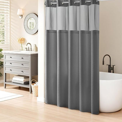 River Dream Heavyweight Waffle No Hook Shower Curtain with Liner,Gray,71x74 | Dotted Waffle,Snap-in Liner,Heavy Duty,Quick Dry,Mesh Top Window,With Bottom Magnets,Hotel-Grade,Washable,Standard Size