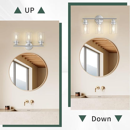 Espird Bathroom Vanity Light Fixtures Polished Chrome Bathroom Lighting Fixture, 3 Lights Bathroom Light Fixture Over Mirror, Modern Black Vanity Light, Wall Sconces with Glass Shades