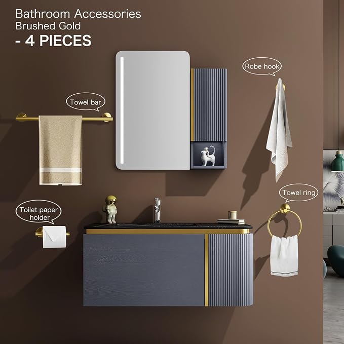 Bathroom Hardware Set, Brushed Gold, 24in, 4-Piece | Stainless Steel, Wall-Mounted, Towel Bar, Toilet Paper Holder, Towel Ring, Towel Hooks, Adjustable