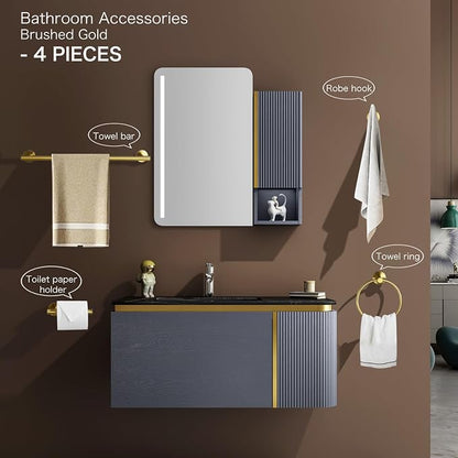 Bathroom Hardware Set, Brushed Gold, 24in, 4-Piece | Stainless Steel, Wall-Mounted, Towel Bar, Toilet Paper Holder, Towel Ring, Towel Hooks, Adjustable