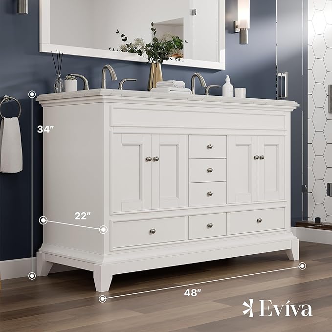 Eviva Elite Stamford 48 in. White Double Sink Bath Vanity with Carrara Quartz Top
