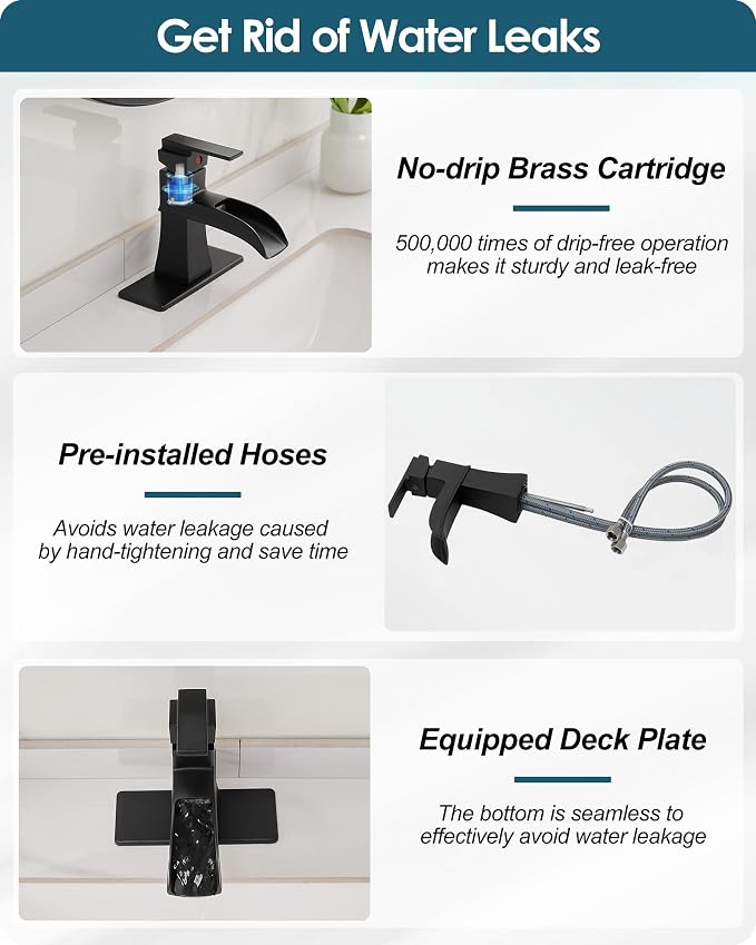 Waterfall Bathroom Faucet Black, Brass Bathroom Faucets One Hole or 3 Hole 4 Inch, Single Handle with Deck Plate & Water Hoses for Morden Lavatory Vanity RV, Not Equipped Pop-up Drain