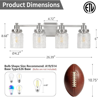 4 Light Bathroom Vanity Light Fixtures Modern Brushed Nickel | ETL Certificate, Easy to Install,Wall Mount Up or Down,Hammered Glass Lampshade,E26 Socket,Hardwired,120V