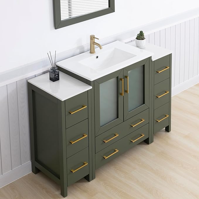 Vanity Art 54 Inch Under Mount Single Sink Bathroom Vanity Cabinet with 1 Mirror, Ceramic Top Bathroom Cabinet Compact Set with 8 Dovetail Storage Drawers and Golden Brushed Handles, VA3030-54-VG