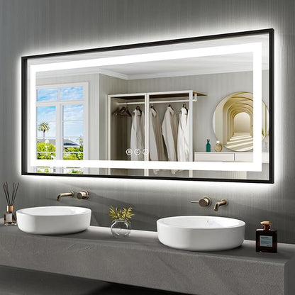 77"X36" LED Bathroom Mirror with Black Frame, Front Lit and Backlit | Metal Framed Mirror, Stepless Dimmable, HD Reflection, Anti-Fog, Shatter-Proof, Memory, 3 Colors Lighting, UL Listed.