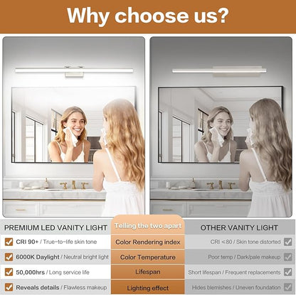 SOLFART Bathroom Light Fixtures: 48 Inch Vanity Light for Large Mirrors- Brushed Nickel 6000K LED Adjustable 180 Degree Bar, IP44 Damp Protection, ETL