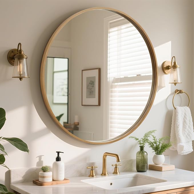 Round Wood Mirror, 36" Round Modern Decoration Large Circle Wall Mirror for Bathroom Living Room Bedroom Entryway, Natural