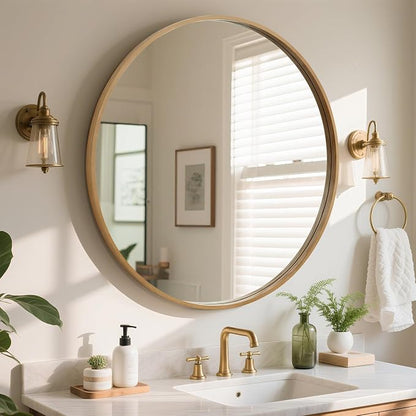Round Wood Mirror, 36" Round Modern Decoration Large Circle Wall Mirror for Bathroom Living Room Bedroom Entryway, Natural