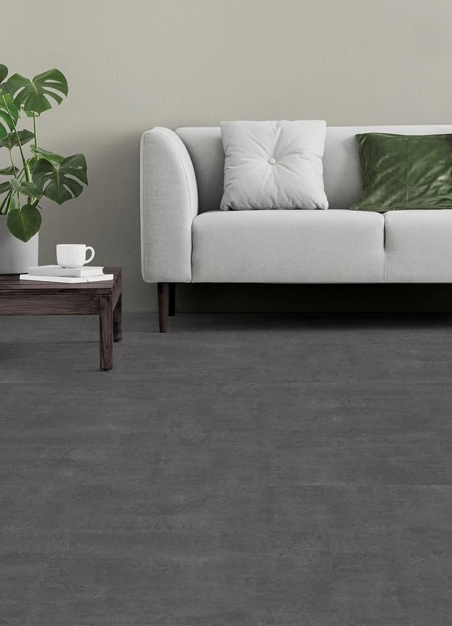 FloorPops Quarry Dark Grey Peel and Stick Floor Tiles, Stone Vinyl Floor Tiles, Water Resistant, 24-in x 12-in Pack of 6