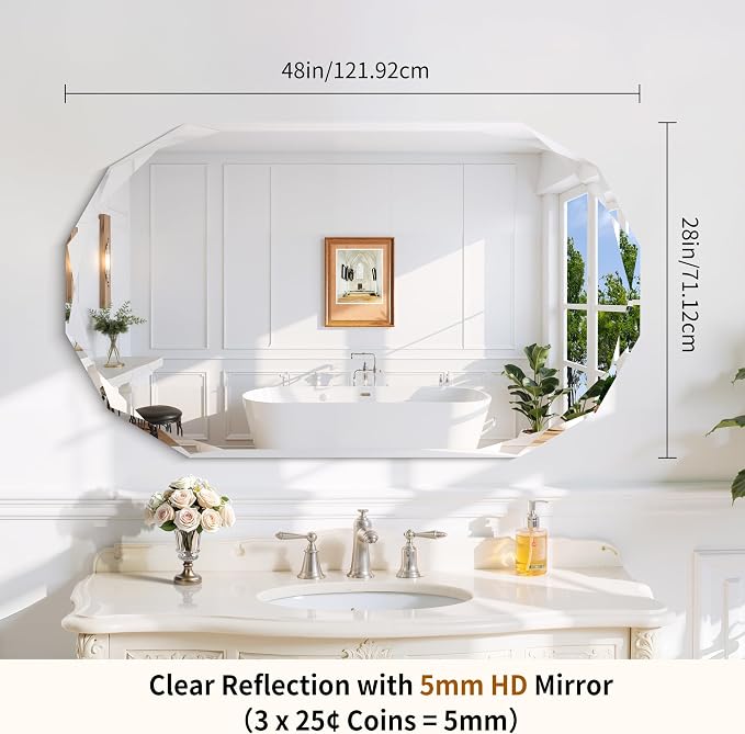 GLASHOM Frameless Oval Bathroom Mirror, 48x28 Inch Vanity Mirror for Over Sink with Beveled Edge, Decorative Wall Mirror for Bedroom, Living Room and Entryway, Hangs Horizontally or Vertically