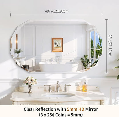 GLASHOM Frameless Oval Bathroom Mirror, 48x28 Inch Vanity Mirror for Over Sink with Beveled Edge, Decorative Wall Mirror for Bedroom, Living Room and Entryway, Hangs Horizontally or Vertically