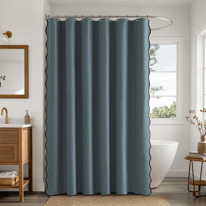 ANRODUO Dusty Blue Scalloped Linen Textured Shower Curtain, W72 x L108 | Boho Farmhouse Shower Curtain with 12 Metal Hooks, Machine Washable Waterproof Heavy Duty Fabric for Bathroom Bathtub