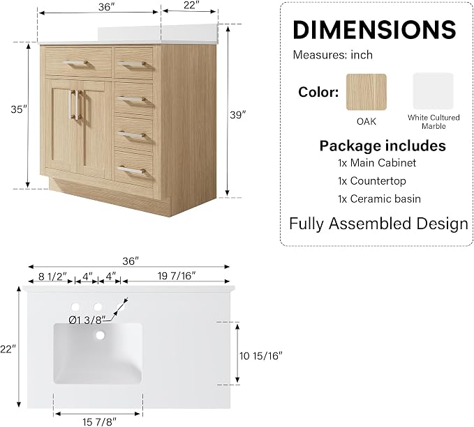 36-Inch Bathroom Vanity with Sink W/ 2 Doors & 4 Drawers & 1 Flip Drawer, Oak Vanity W/Brushed Nickel Handles