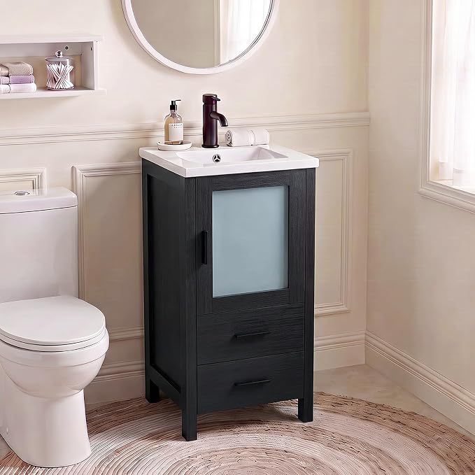 wonline 16 Inch Bathroom Vanity Set with Sink, Small Space Cabinet, Black | Faucet, pop-up drain & hardware included; water-resistant MDF; cultured marble top with ceramic basin; 2 drawers + door