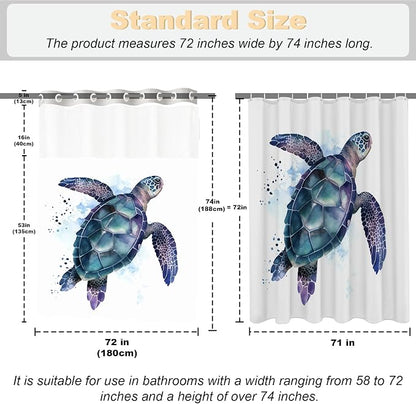 Funny Sea Turtle Shower Curtains Ocean Animal Cartoon Kids Theme No Hook Waffle Weave Shower Curtain with Snap in Liner Polyester Fabric Bathroom Decor Set 72 W x 74 H Inch Teal Purple