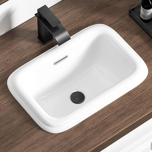 Bathroom Vessel Sink 18 Inch Drop In Bathroom Sink Rectangular Semi Recessed Bathroom Sinks with Overflow White Ceramic Modern Sinks Bowl Vanity Above Counter Basin (17.9"x12.4")