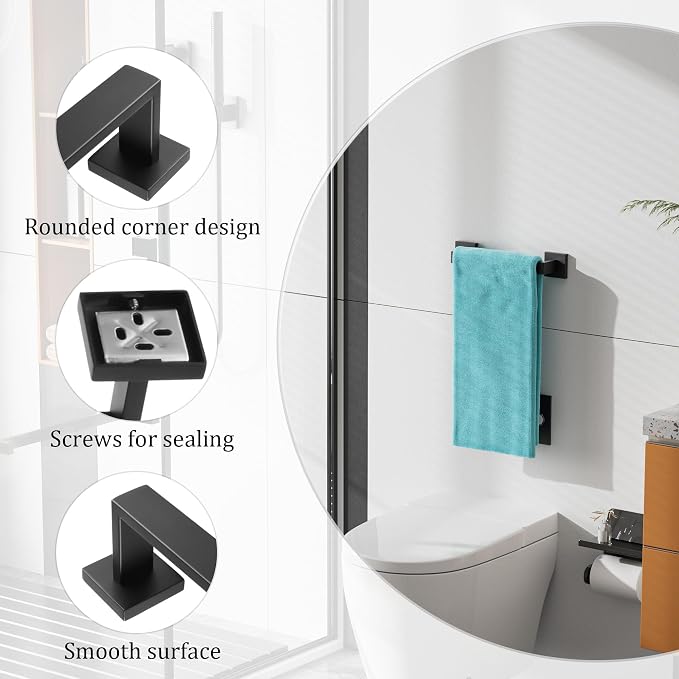 Alise Towel Bar Towel Racks for Bathroom Wall Mount 12 Inch,Matte Black | SUS304 Stainless Steel Bathroom Towel Holder, Full Square Towel Rod Towel Hanger for Bathroom Lavatory Kitchen