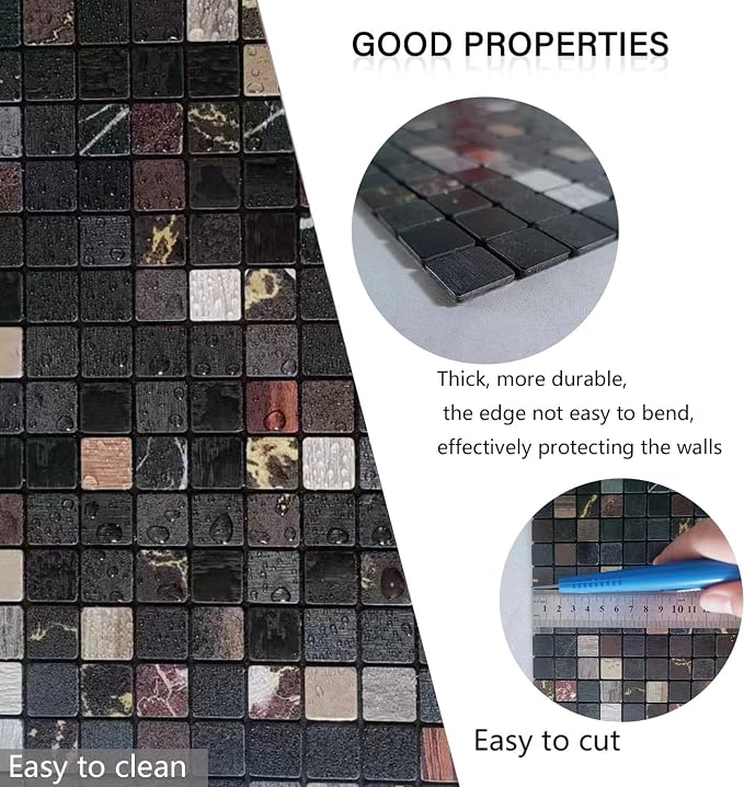 10 Sheets Peel and Stick Backsplash Tile for Kitchen, Self-Adhesive Mosaic Tile, Stick on Bathroom Vanities，Fireplace Décor, Laundry Table(12" X 12") (Black Printing)
