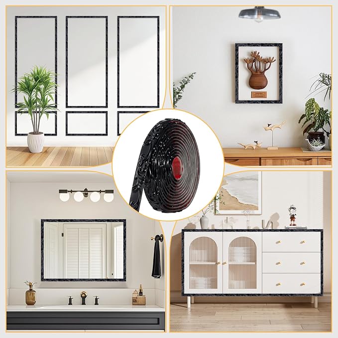 16.4FT x 1.02'' Black Peel and Stick Crown Molding Trim – Self-Adhesive Mirror Border & Cabinet Edge, Flexible Decorative Trim for Interior Use