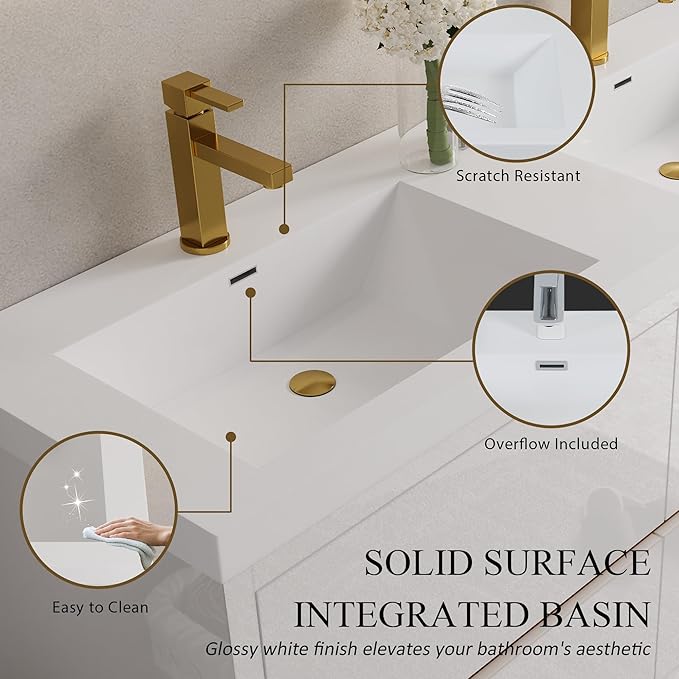 Abruzzo 60" Glossy White Wall-Mounted Bathroom Vanity with Double Sink – Stone Resin Countertop & Soft-Close Drawers, Waterproof Wood Cabinet for Small Bathrooms