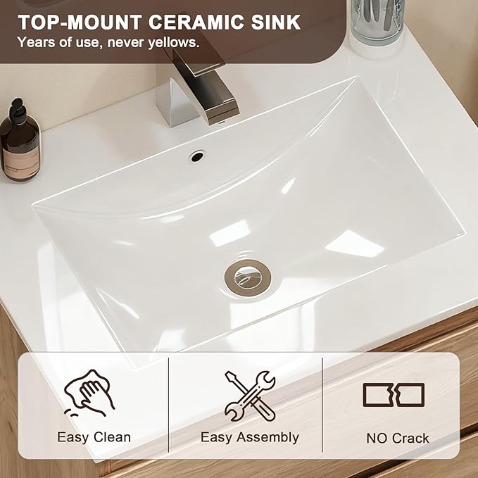 Floating Bathroom Vanity with Sink Wall Mounted Cabinet with 2 Drawers, Moisture-Resistant MDF,Large Storage for Small Space (24")