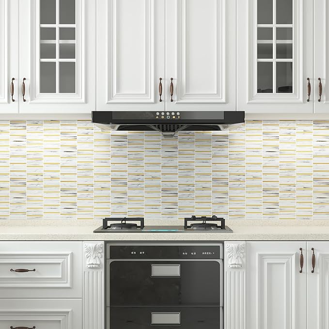 Glass Backsplash Mosaic Tile Gold White 5 sq.ft | Dazzling 12 x 12 Inch for Kitchen Backsplash Bathroom and Shower 5-Pack