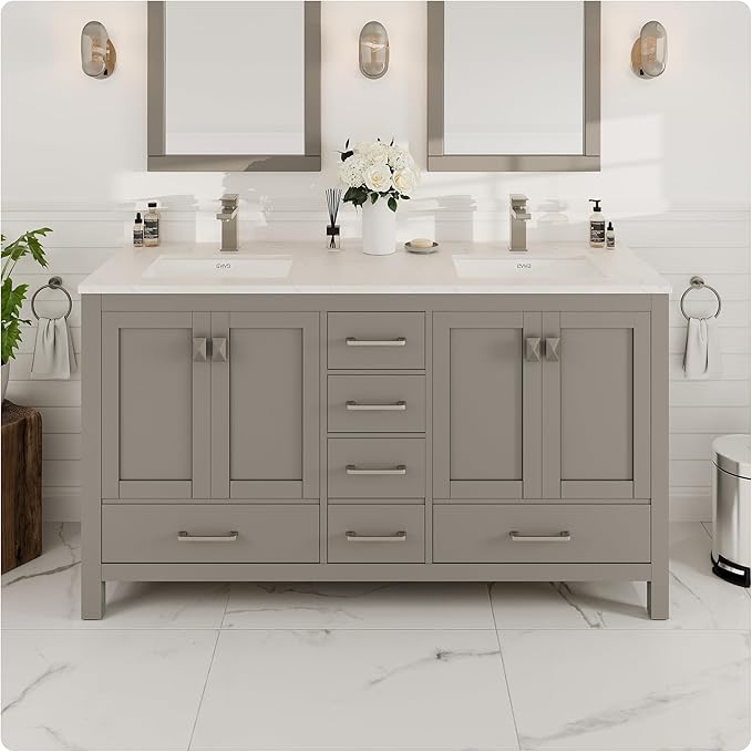 Eviva London 60 in. Gray Double Sink Bath Vanity with Carrara Quartz Top and Undermount Porcelain Sinks