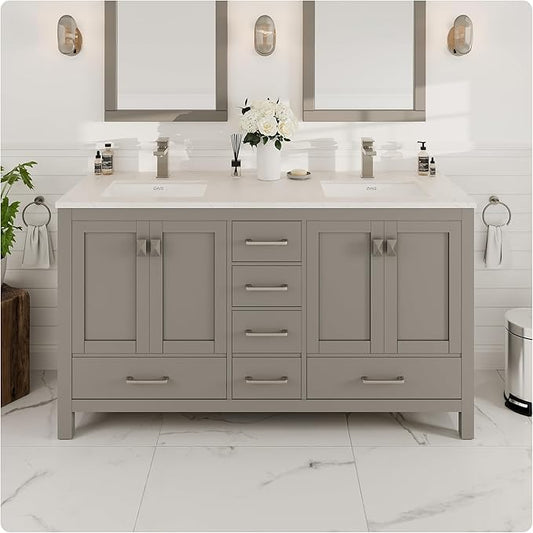 Eviva London 60 in. Gray Double Sink Bath Vanity with Carrara Quartz Top and Undermount Porcelain Sinks
