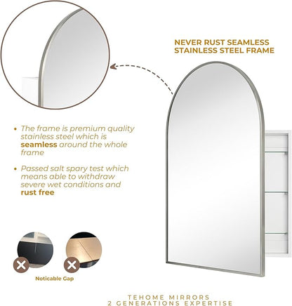 TEHOME 24 x 36'' Brushed Nickel Arch Bathroom Medicine Cabinet with Mirror Recessed and Surface Mounted Medicine Cabinet Mirror