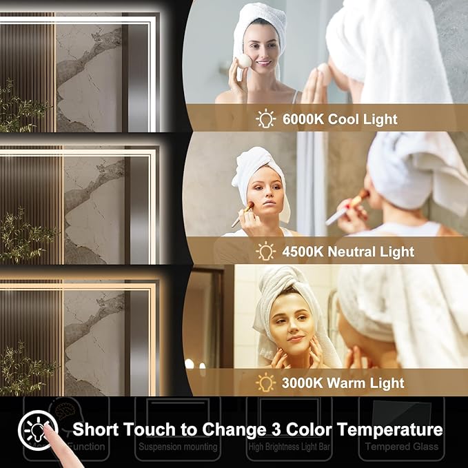72x36 Inch LED Bathroom Mirror with Frontlit & Backlit（Independent Control）, Lighted Mirror for Bathroom Wall with 3-Color Dimmable & Anti-Fog, Vanity Mirror with Lights