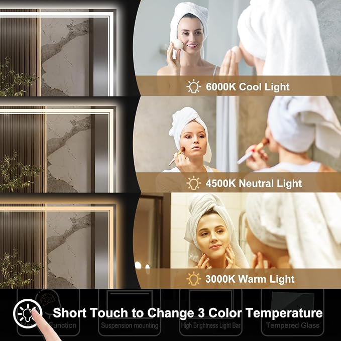 Ratsamee 40x36 Inch LED Bathroom Mirror with Frontlit & Backlit, Lighted Mirror for Bathroom Wall with 3-Color Dimmable & Anti-Fog, Vanity Mirror with Lights