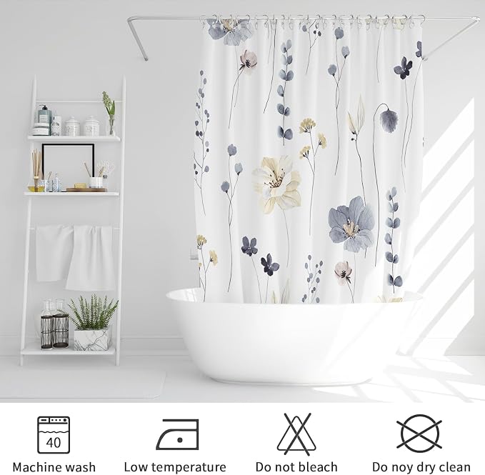 Grey Beige Watercolor Floral Fabric Shower Curtain, 72x72 | Waterproof Fabric, Modern Minimalist Floral Print, Machine Washable, Rustproof Grommets, for Bathroom