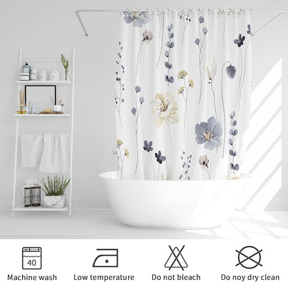Grey Beige Watercolor Floral Fabric Shower Curtain, 72x72 | Waterproof Fabric, Modern Minimalist Floral Print, Machine Washable, Rustproof Grommets, for Bathroom