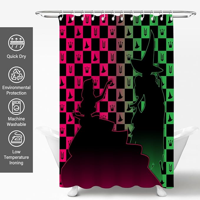Pink Green Witchy Checkered Magic Hat Crown Shower Curtain Set 72x72 Inches | Pink Green Witchy Magic Hat Crown Checkered Print, Tv Show Home Guest Housewarming Fantasy Fan Bathroom Decor, With Hooks
