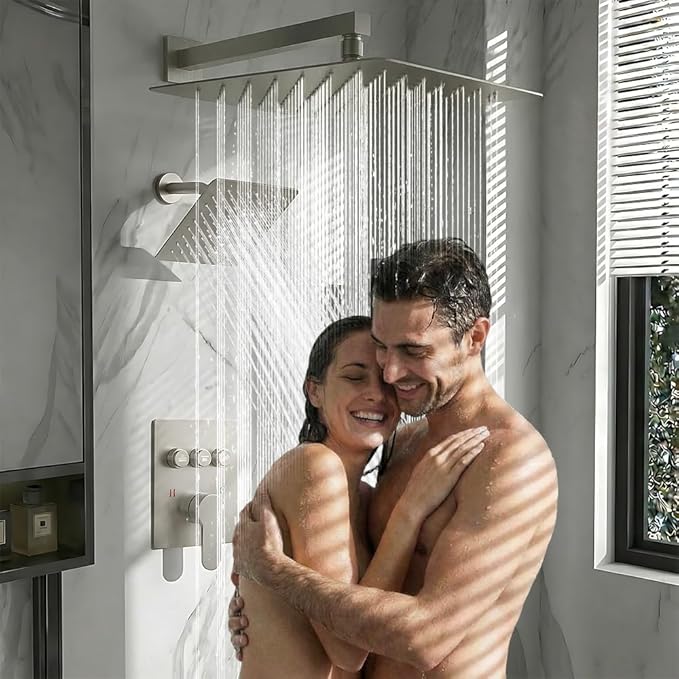 Shower Faucet Set, Wall Mount 12" Rain Shower System with Handheld and 6" Rainfall Shower Head, Can Use 2 Modes Together for Two People, 3 Way Shower Valve with 5 Diverter Complete,Brushed Nickel