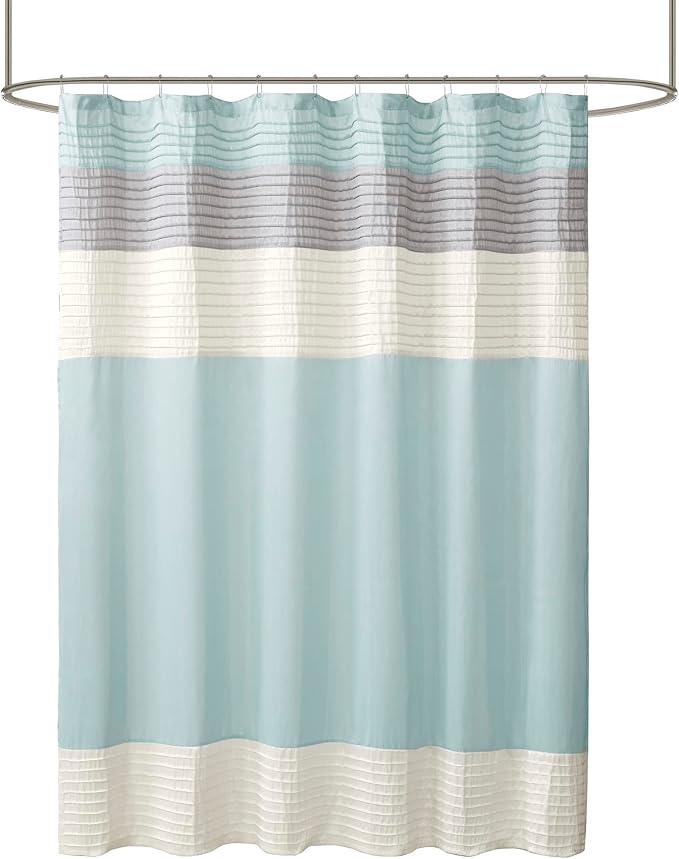 Madison Park Amherst Bathroom Shower Curtain Faux Silk Pieced Striped Modern Microfiber Bath Curtains, 72x72 Inches, Aqua (Pack of 4)