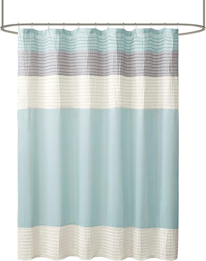 Madison Park Amherst Bathroom Shower Curtain Faux Silk Pieced Striped Modern Microfiber Bath Curtains, 72x72 Inches, Aqua (Pack of 4)