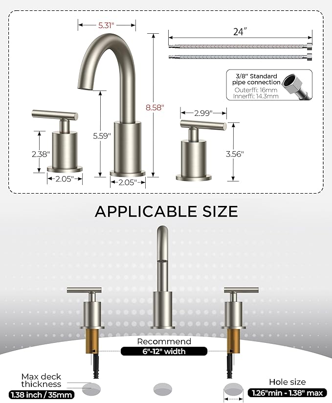 FORIOUS Brushed Nickel Bathroom Faucet 3 Hole Commercial Widespread Faucet | 3 Hole Bathroom Sink Faucet Brushed Nickel, 8 Inch Widespread Faucet for Bathroom Sink 3 Hole Silver with 360° Swivel Spout