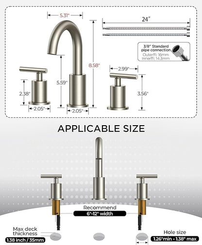 FORIOUS Brushed Nickel Bathroom Faucet 3 Hole with Metal Pop Up Drain and 24" Supply Hose, 2 Handle 8 Inch Widespread 3 Hole Vanity Faucet for Bathroom Sink Brush Nickel with 360° Swivel Spout