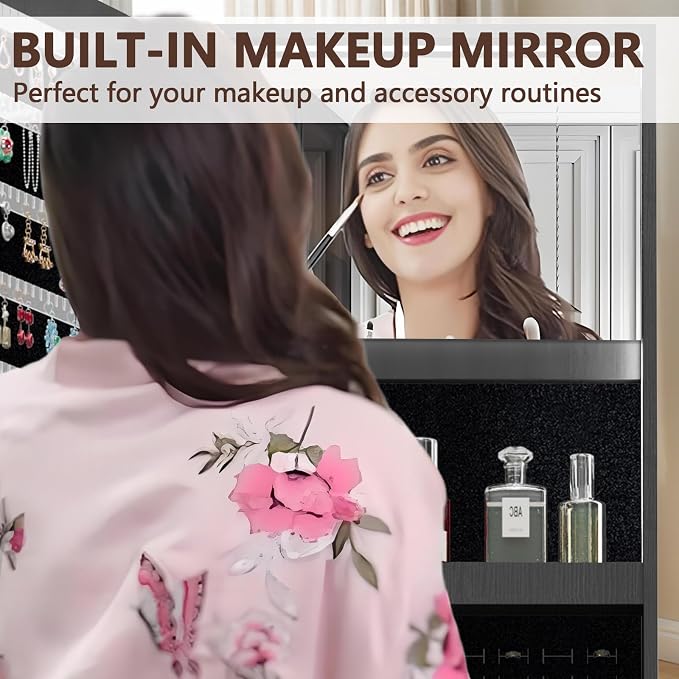 360° Swivel Jewelry Armoire with Full-Length Mirror, Lockable Standing Jewelry Cabinet Organizer w/ Inside Makeup Mirror, Back Storage Shelves for Bedroom, Cloakroom, Living Room (Antique Black1)