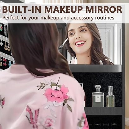 360° Swivel Jewelry Armoire with Full-Length Mirror, Lockable Standing Jewelry Cabinet Organizer w/ Inside Makeup Mirror, Back Storage Shelves for Bedroom, Cloakroom, Living Room (Antique Black1)