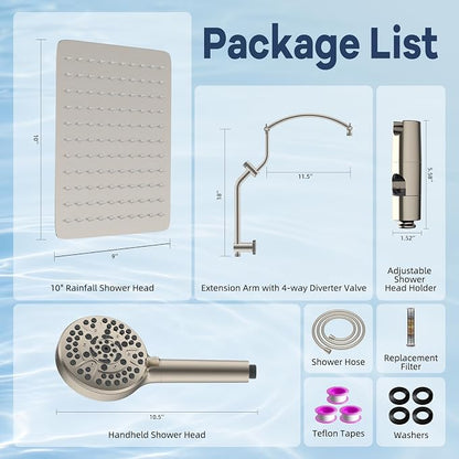 Hibbent 10'' Metal Showerhead & 10 Mode Filtered Handheld, Brushed Nickel | High Pressure Stainless Steel Showerhead, 4-way Diverter, Heightened All Metal Extension Arm, 71'' Hose & Holder, Easy Reach
