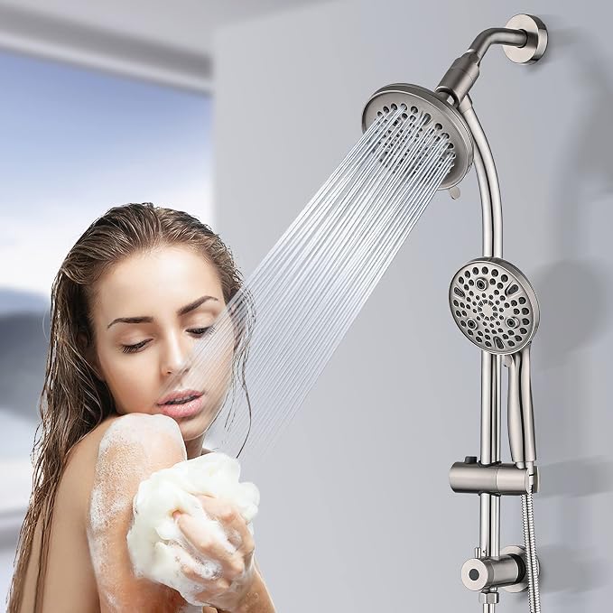 Rainfall Shower Head with Handheld Shower Spray, with 26" Drill Free Adjustable Height Slider Bar, High Pressure Dual Shower Head Combo, 3-Way Diverter for Easy Reach, 5Ft Hose-Brushed Nickel