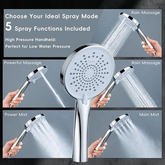 Peicuai Shower Head Combo, 10 Inch High Pressure Rain Shower Head with 11 Inch Adjustable Extension Arm, 5-Setting Handheld Shower with Long Hose, Powerful Spray for Low Water Pressure