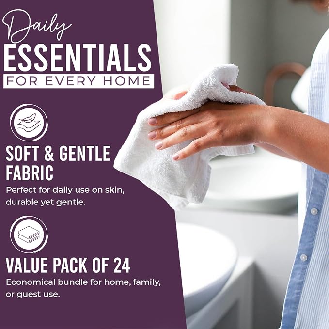 DAN RIVER 24 Pack Cotton Wash Cloths Set for Showering [12x12] Purple | Lighter Weight, Quick to Dry, Super Soft & Absorbent Face Towels, Hotel Quality, Perfect for Bathroom, Gym, Spa