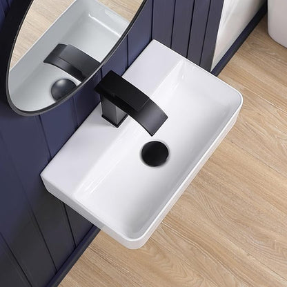 Wall Mount Bathroom Vessel Sink 17"x11" Rectangular Floating White Porcelain Ceramic Wall Hung Vanity Basin Sink for Home,RV,Bathroom