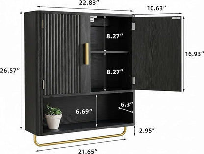 Bathroom Wall Cabinet, Medicine Cabinet with Fluted Door & Adjustable Shelf | Over The Toilet Storage Cabinet with Towel Bar, Space-Saving Cabinet Wall Mount for Laundry Room, Kitchen, Living Room