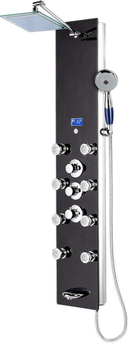 Blue Ocean 52” Aluminum SPA331B Tempered Glass Thermostatic Shower Panel Tower Column with Rainfall Shower Head, 8 Multi-Functional Nozzles, and Tub Spout (Premium Matte Black)
